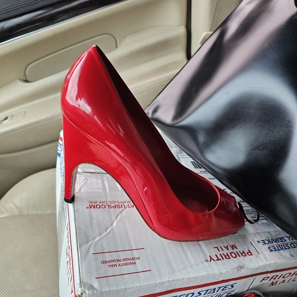 Red Mui Mui Peep Toe Heels Patent leather Size 38.5 New - Picture 2 of 11